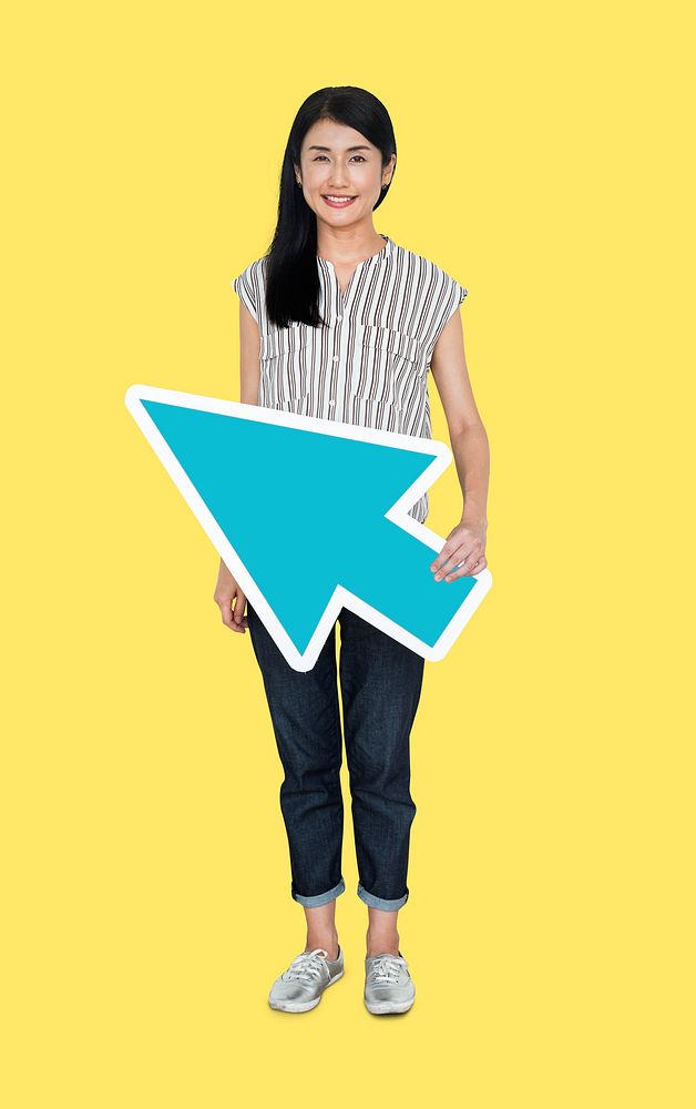 Woman holding a blue arrow cursor
