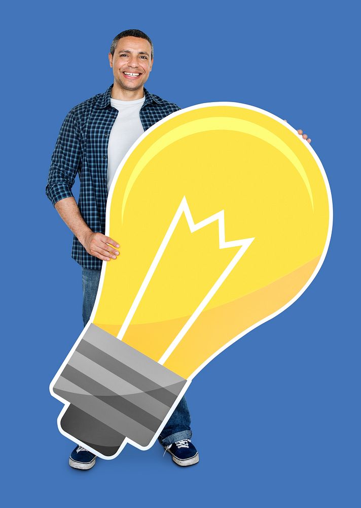 Man holding a light bulb icon