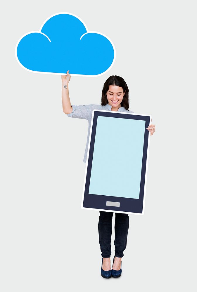 Cheerful woman holding an online cloud storage icon