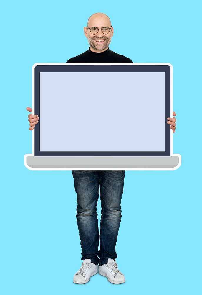 Man showing a blank laptop screen mockup
