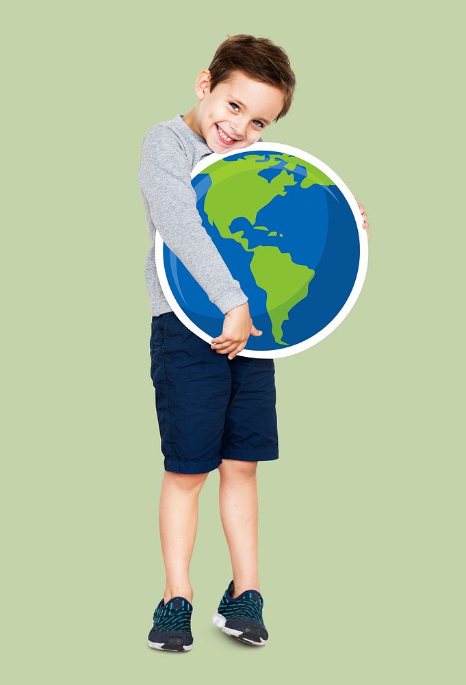Happy boy hugging an earth icon