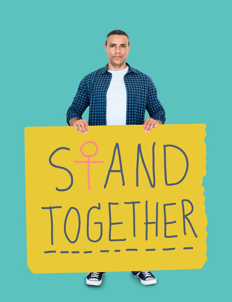 Man holding a stand together banner