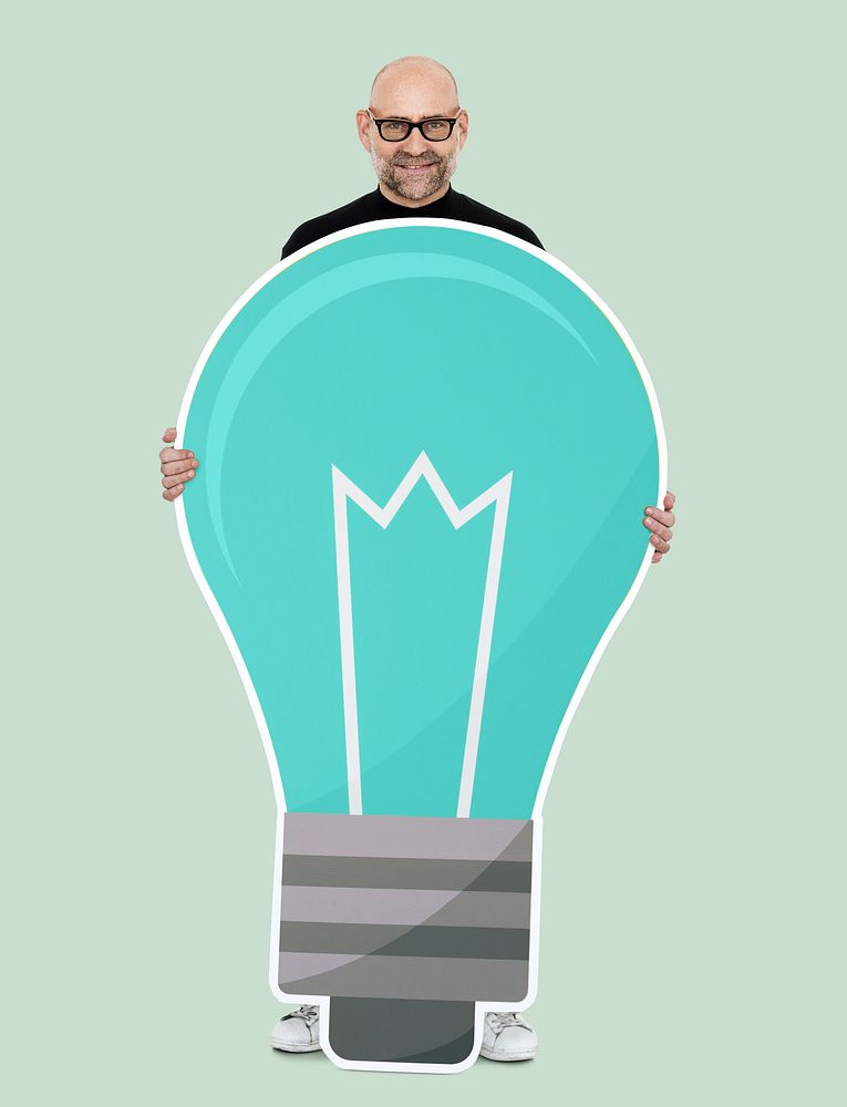 Happy man holding a light bulb icon