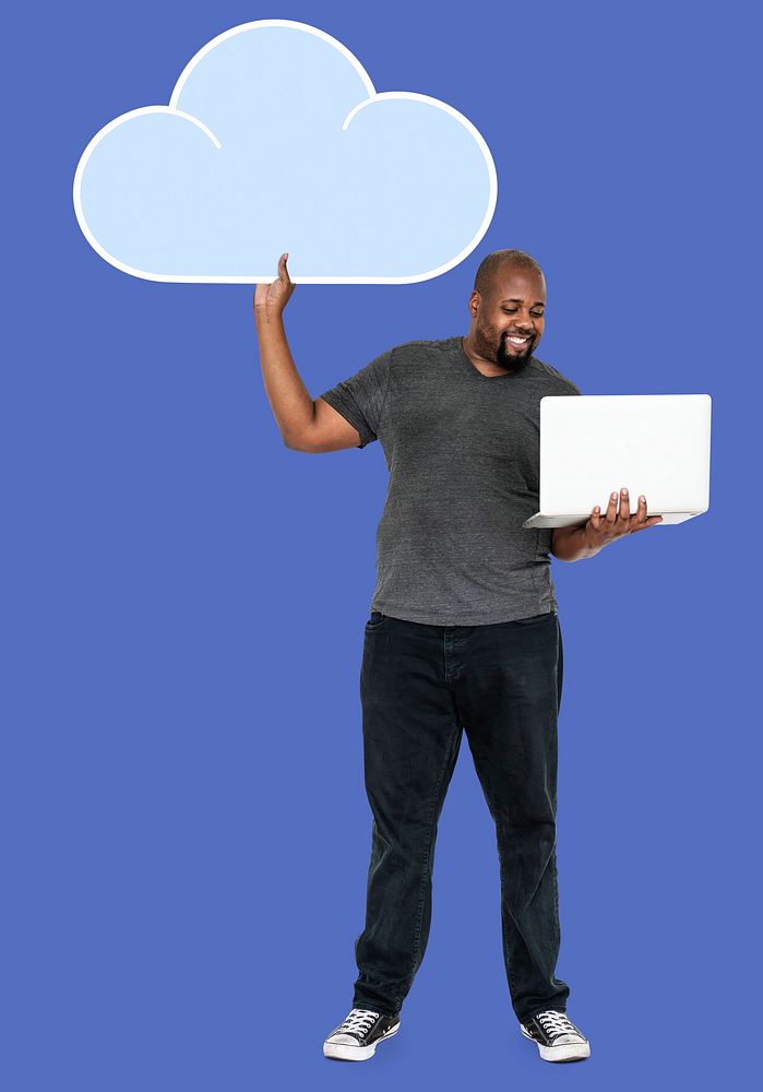 Happy man with a laptop and a cloud