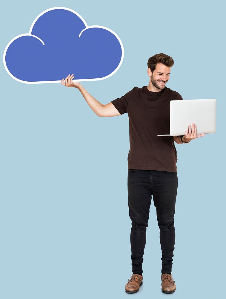 Happy man with a laptop and a cloud