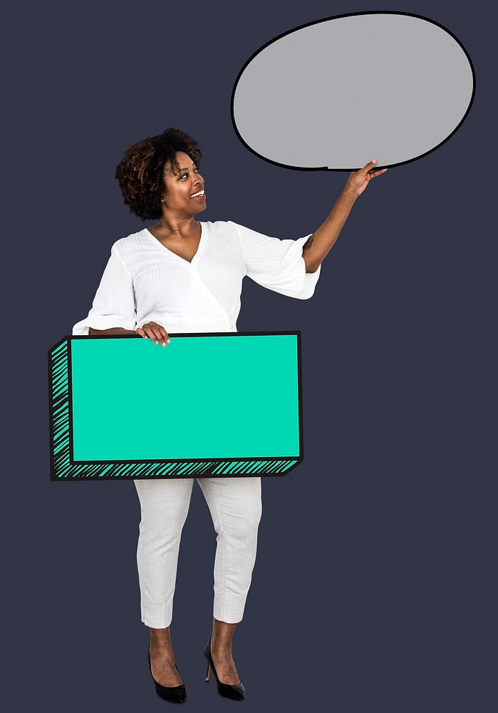 African American woman holding blank boards