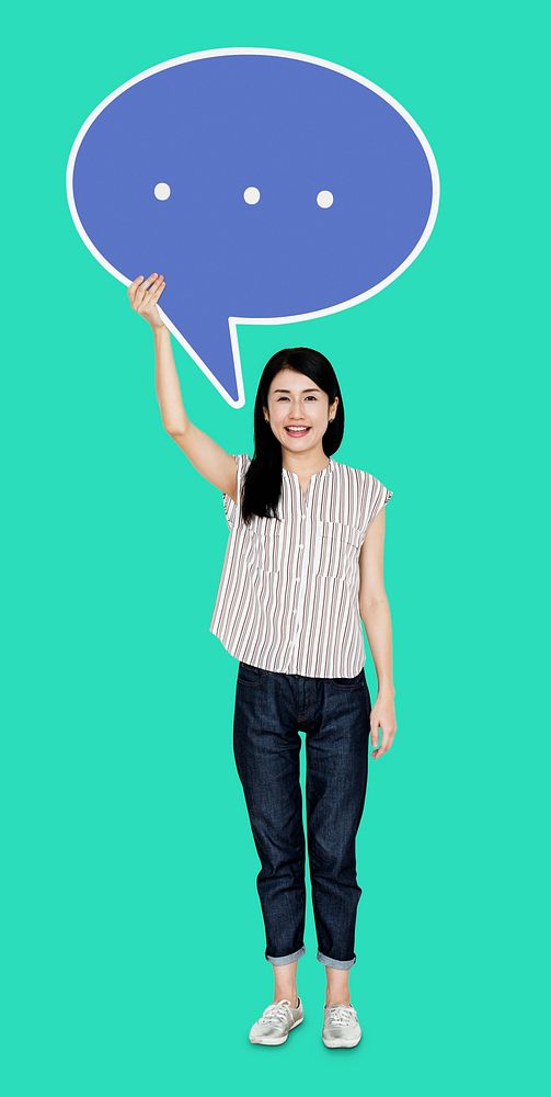 Woman showing a blue speech bubble icon