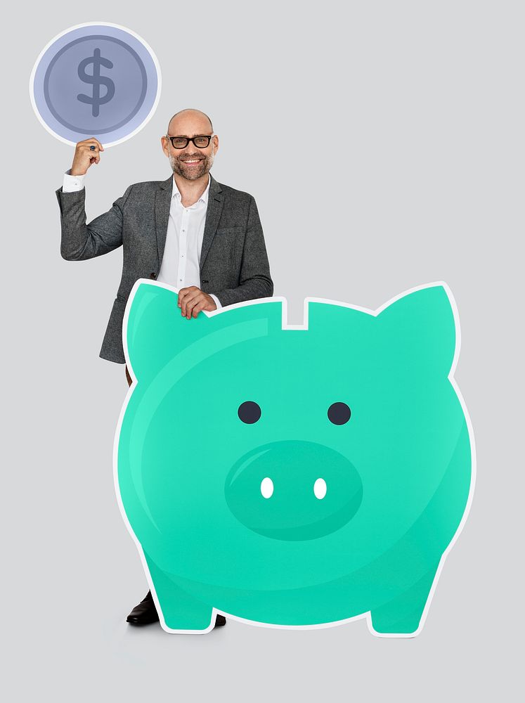 Man saving money in a piggy bank