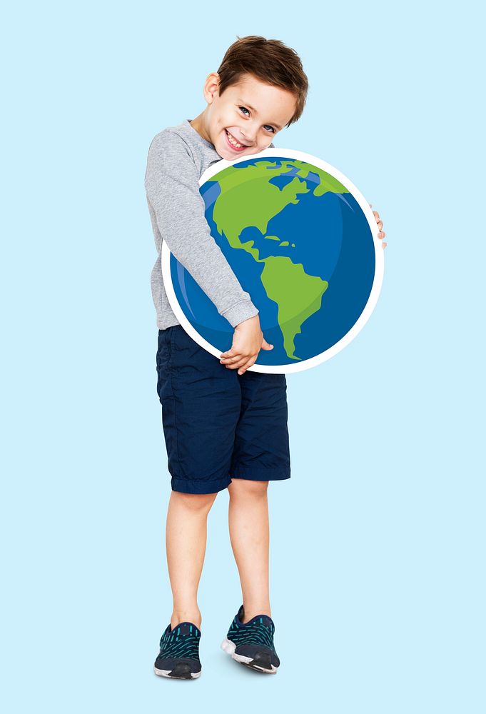Happy boy hugging an earth icon