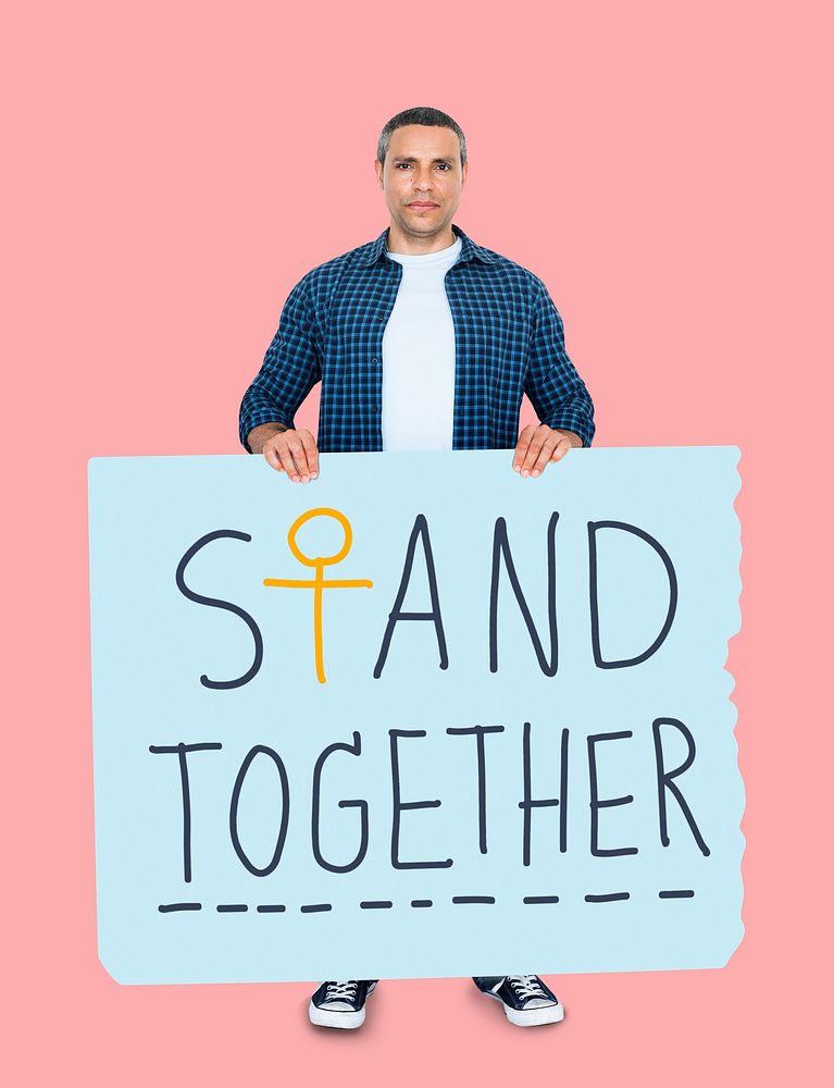 Man holding a stand together sign
