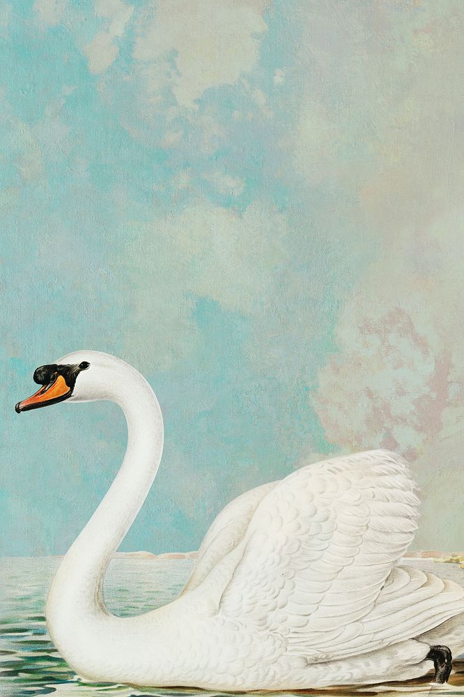 White swan on lake vintage painting