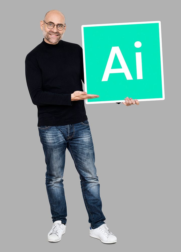 Man holding a board with Artificial Intelligence