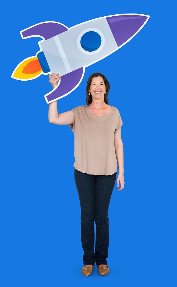 Woman holding a rocket icon