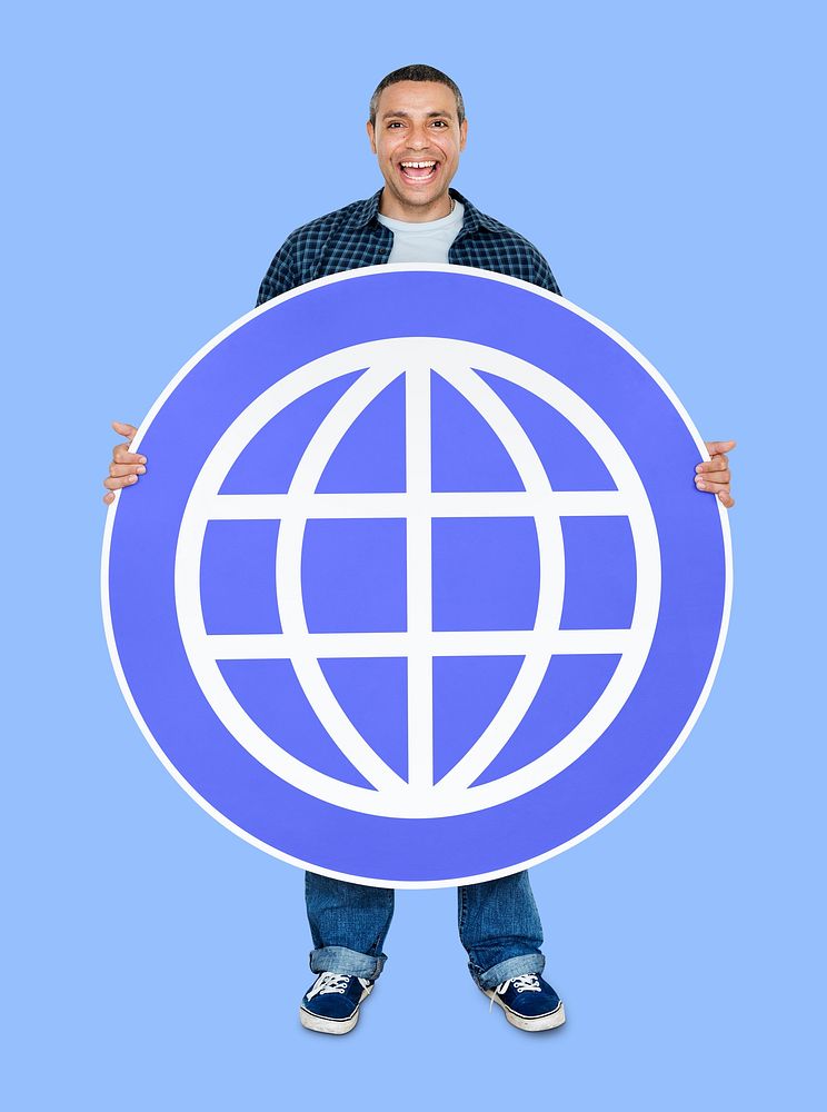 Happy man holding a www symbol