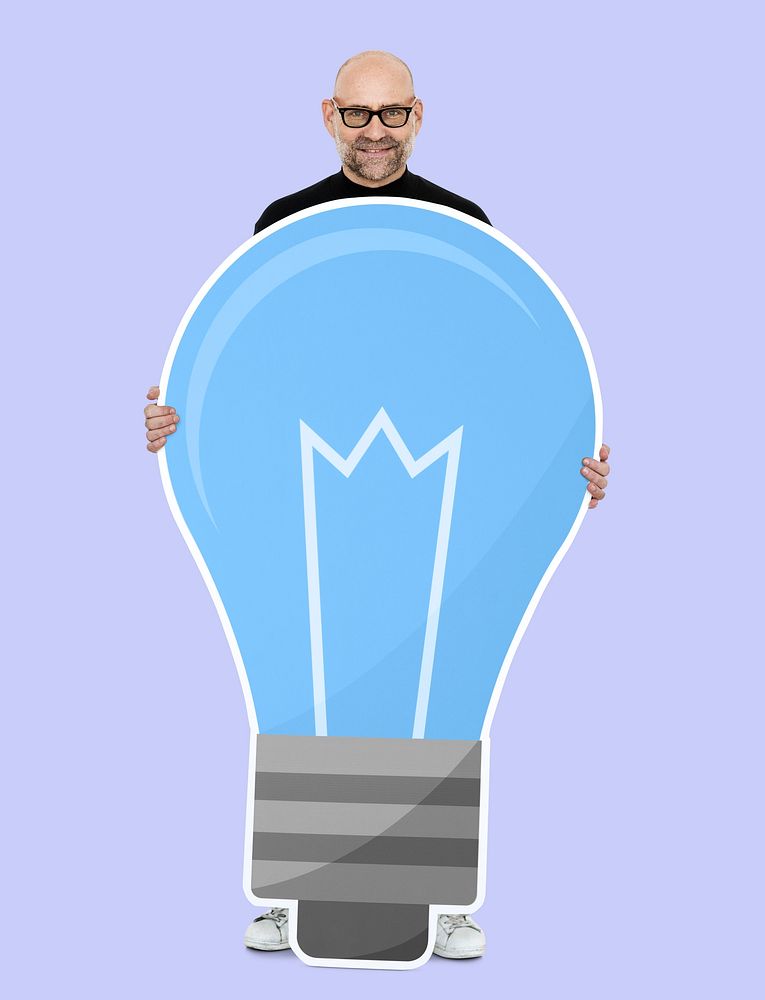 Creative man with a blue light bulb symbol
