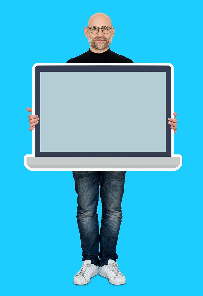 Man showing a blank laptop mockup