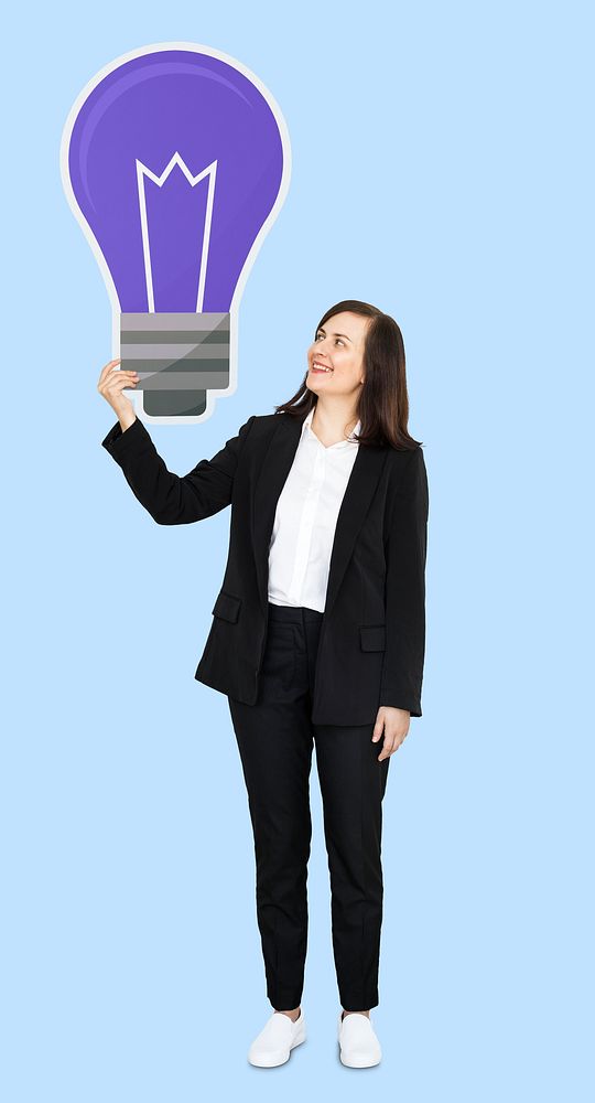 Creative woman with a blue light bulb symbol