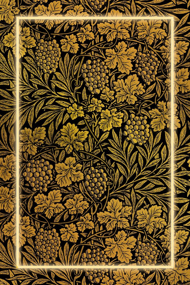 Golden botanical frame pattern psd remix from artwork by William Morris