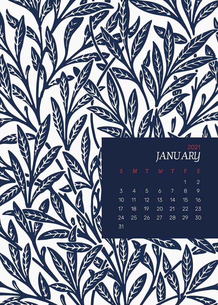 January 2021 printable calendar with William Morris blue floral pattern