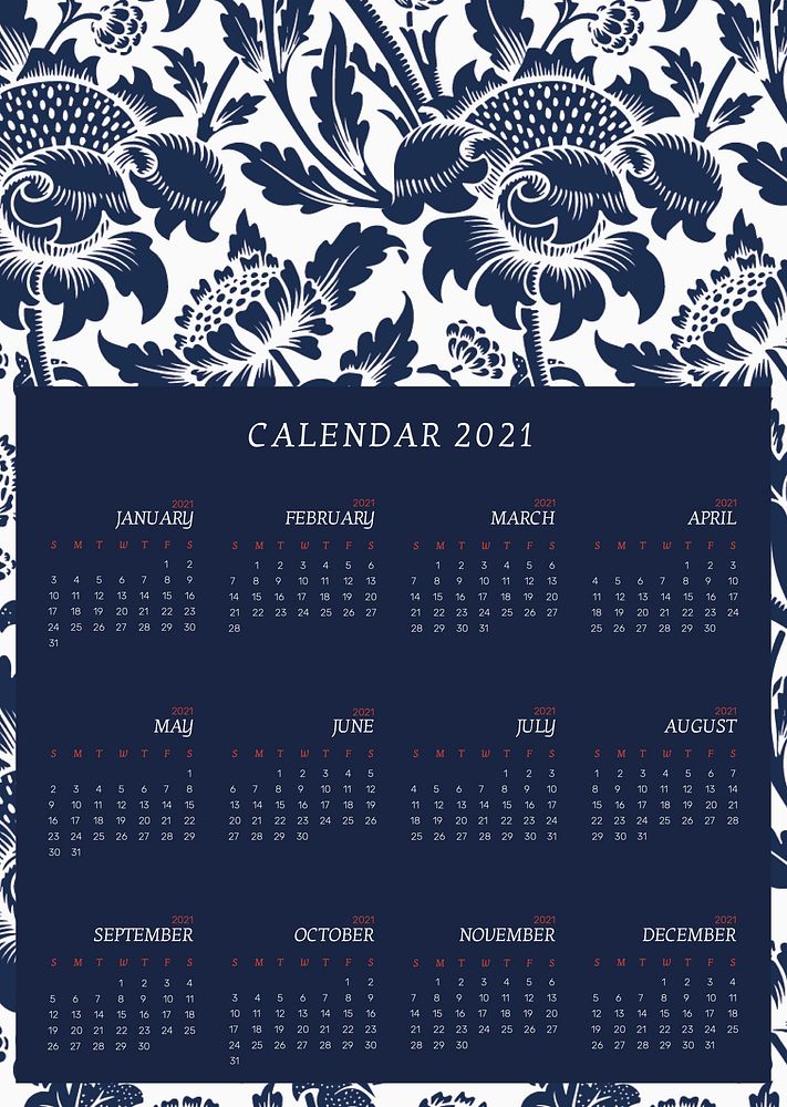 Calendar 2021 editable template psd with William Morris floral pattern