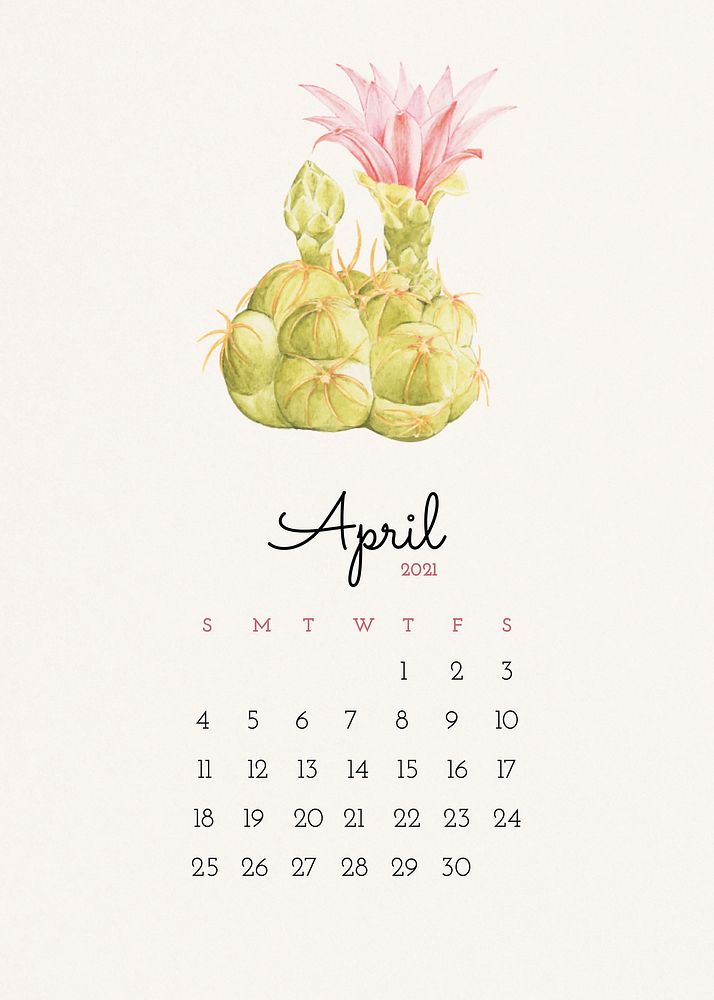 Calendar 2021 April printable with cute hand drawn cactus