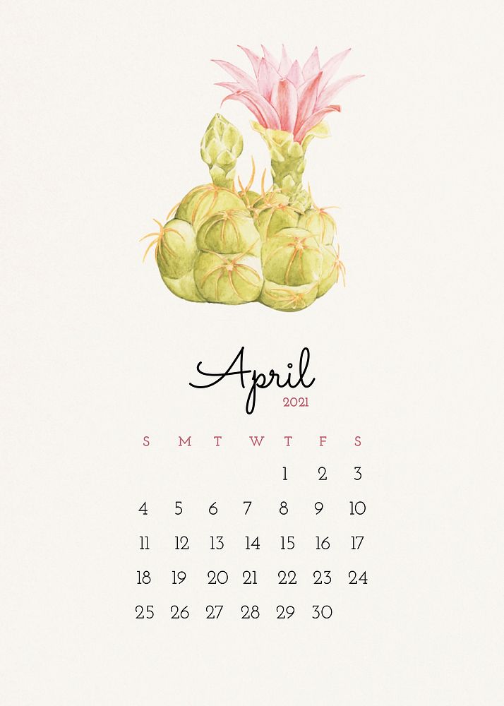 April 2021 editable calendar template vector with watercolor cactus illustration