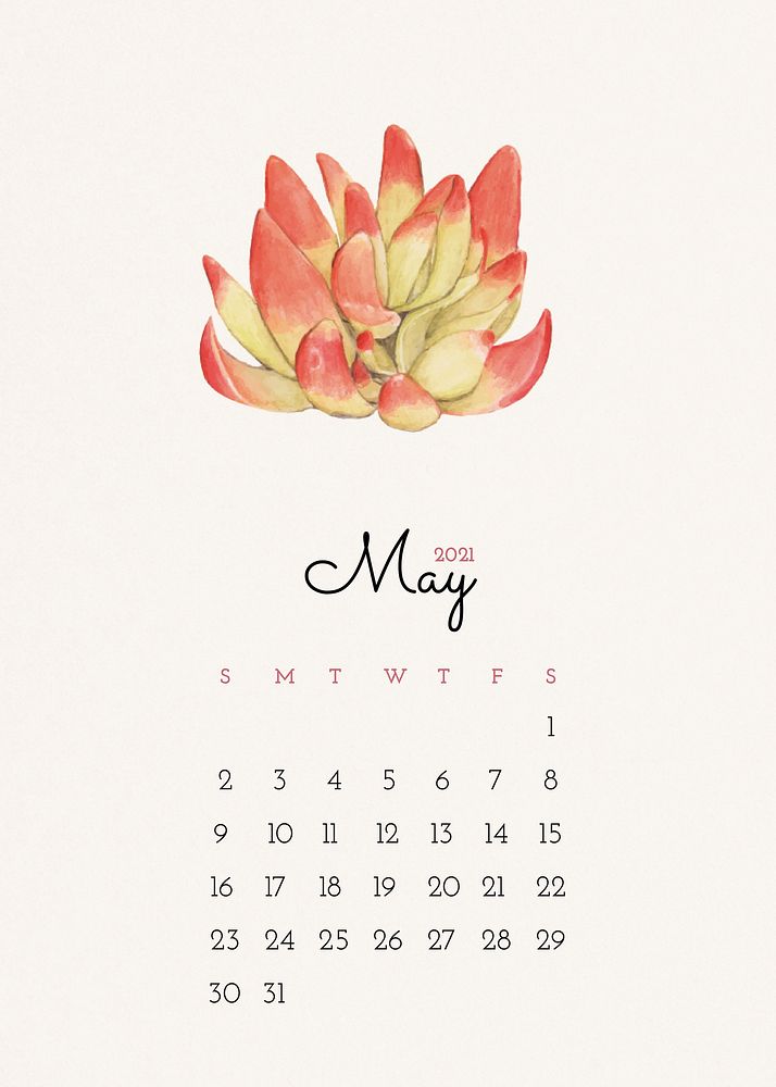 Calendar 2021 May printable with cute hand drawn cactus