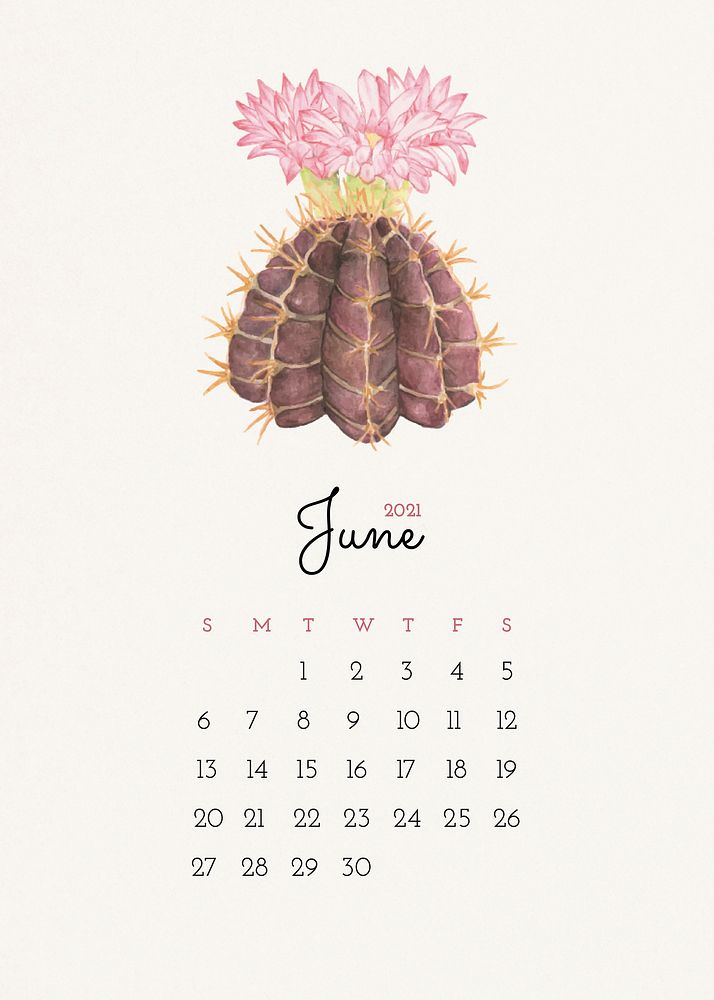 June 2021 editable calendar template vector with watercolor cactus illustration