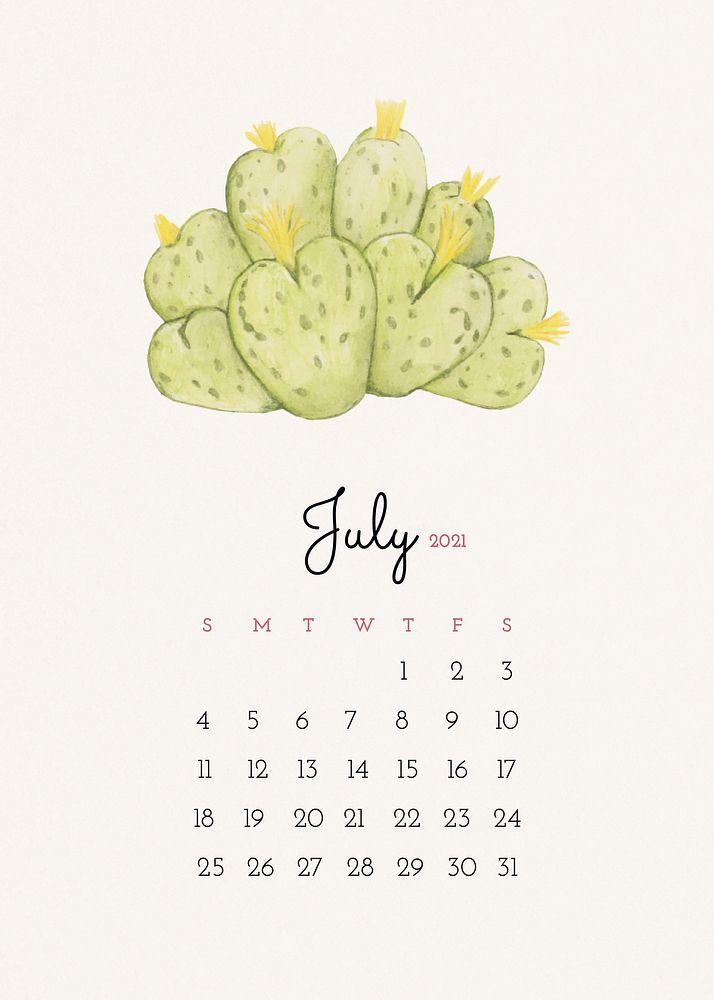 Calendar 2021 July printable with cute hand drawn cactus