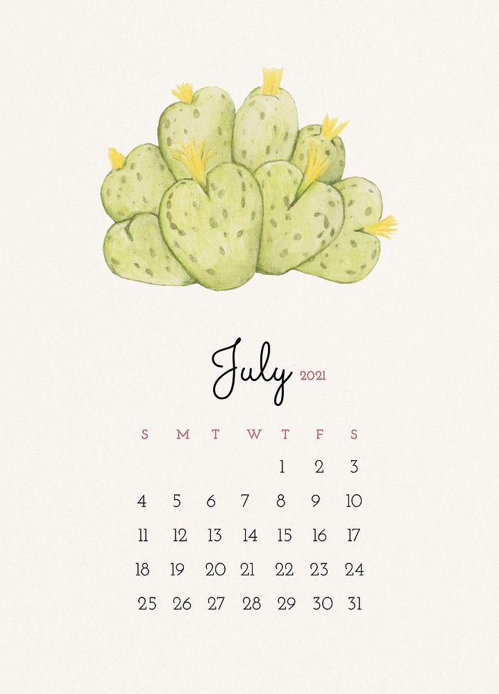 Calendar 2021 July editable template psd with cactus