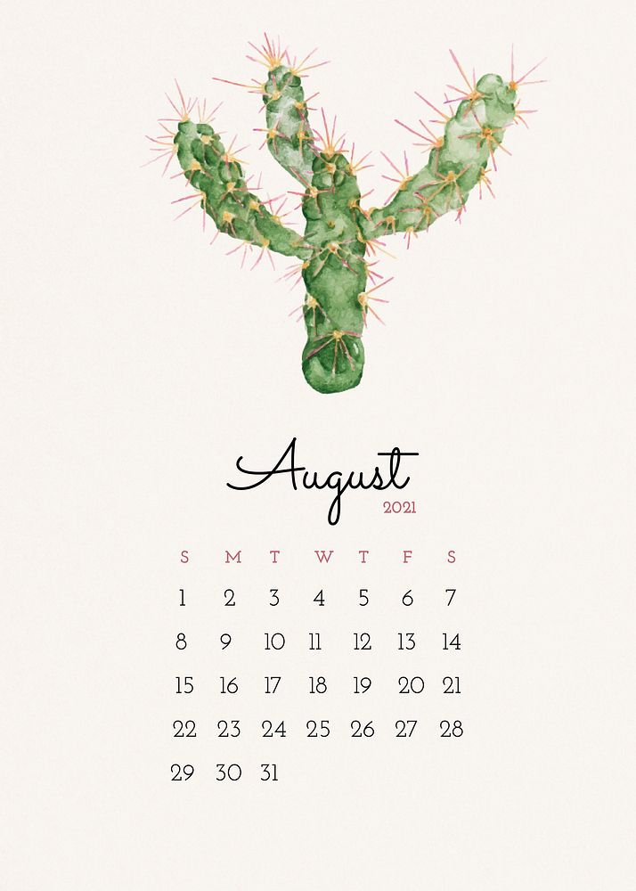 Calendar 2021 August printable with cute hand drawn cactus