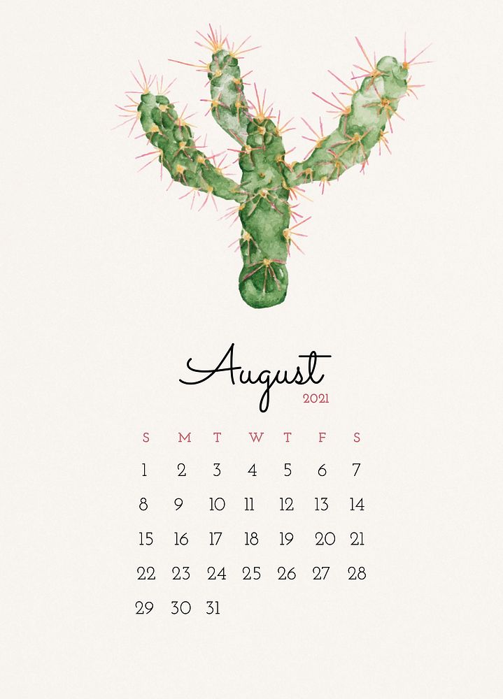 Calendar 2021 August editable template psd with cactus
