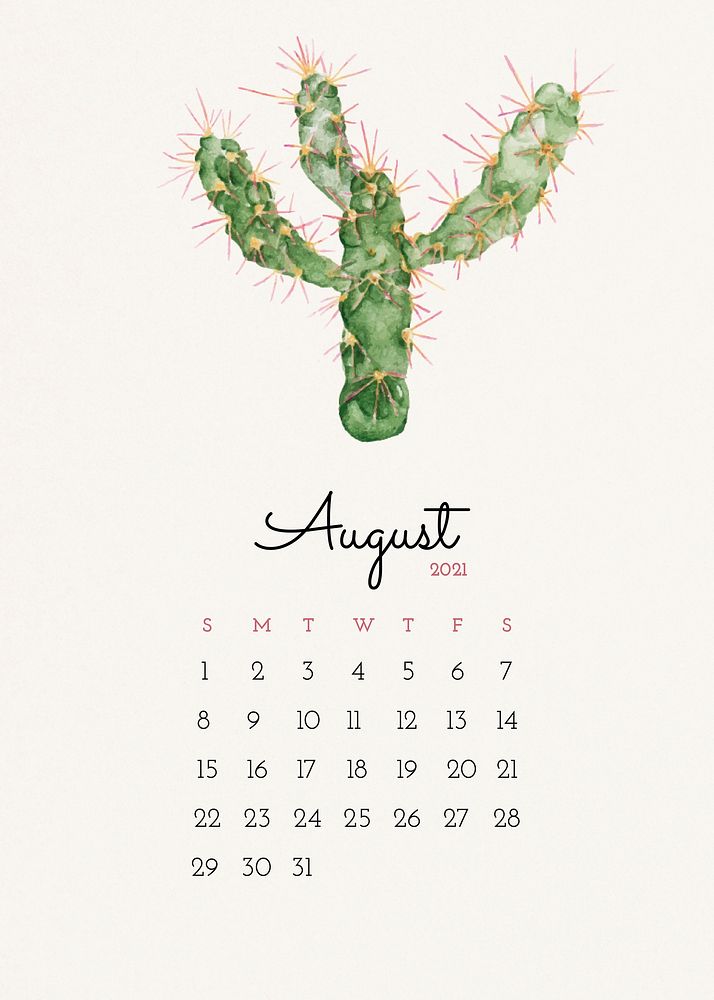 August 2021 editable calendar template vector with watercolor cactus illustration