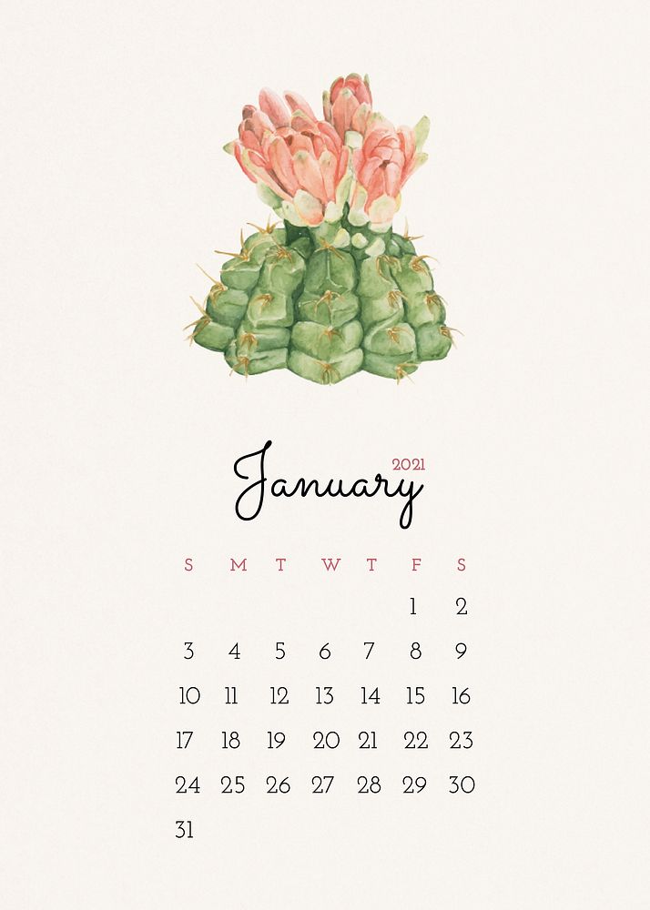 Calendar 2021 January printable with cute hand drawn cactus