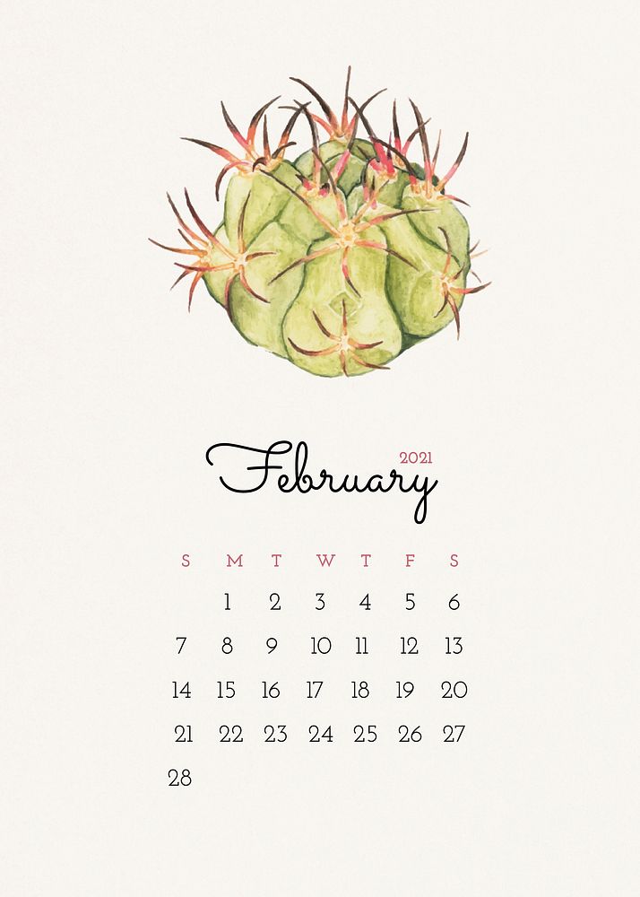 February 2021 editable calendar template vector with watercolor cactus illustration