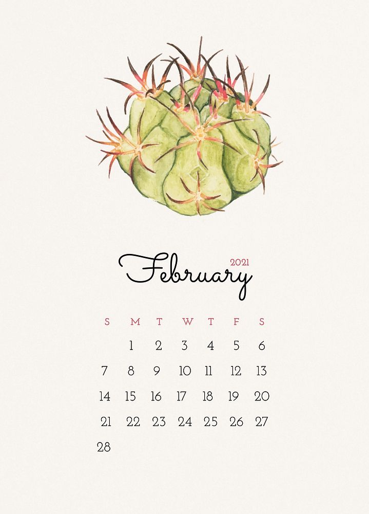 Calendar 2021 February editable template psd with cactus
