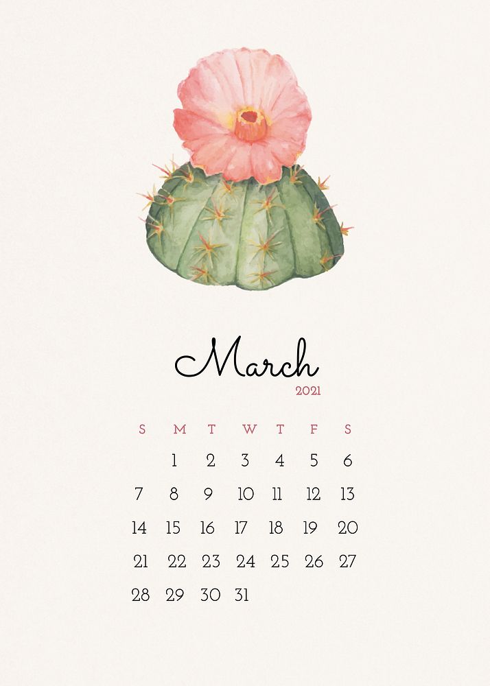 Calendar 2021 March printable with cute hand drawn cactus