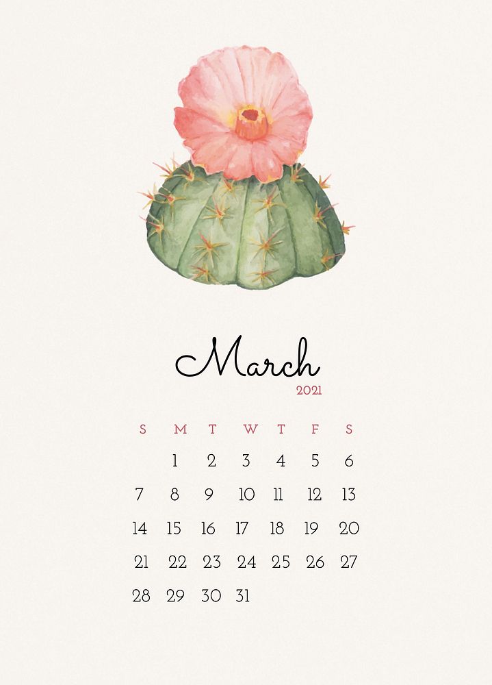 Calendar 2021 March editable template psd with cactus