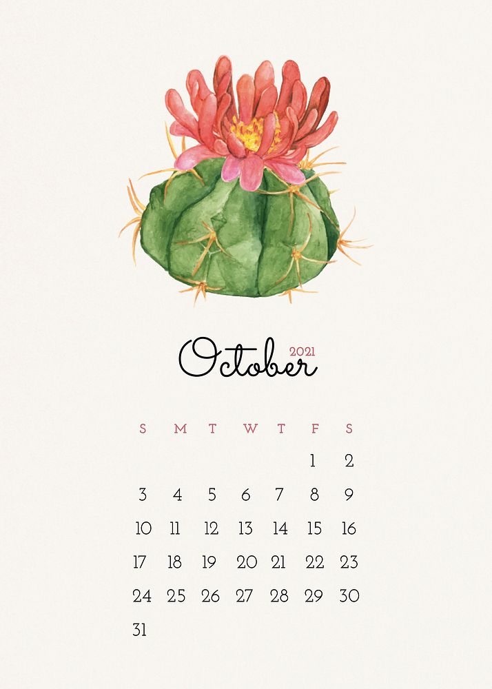 October 2021 editable calendar template vector with watercolor cactus illustration