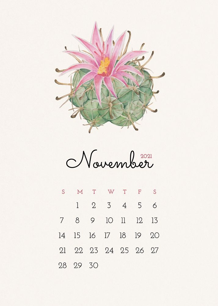 Calendar 2021 November printable with cute hand drawn cactus