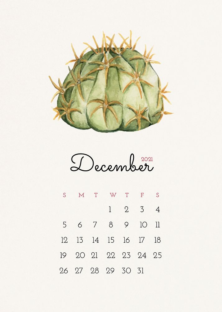 December 2021 editable calendar template vector with watercolor cactus illustration