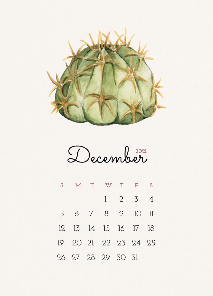 Calendar 2021 December editable template psd with cactus