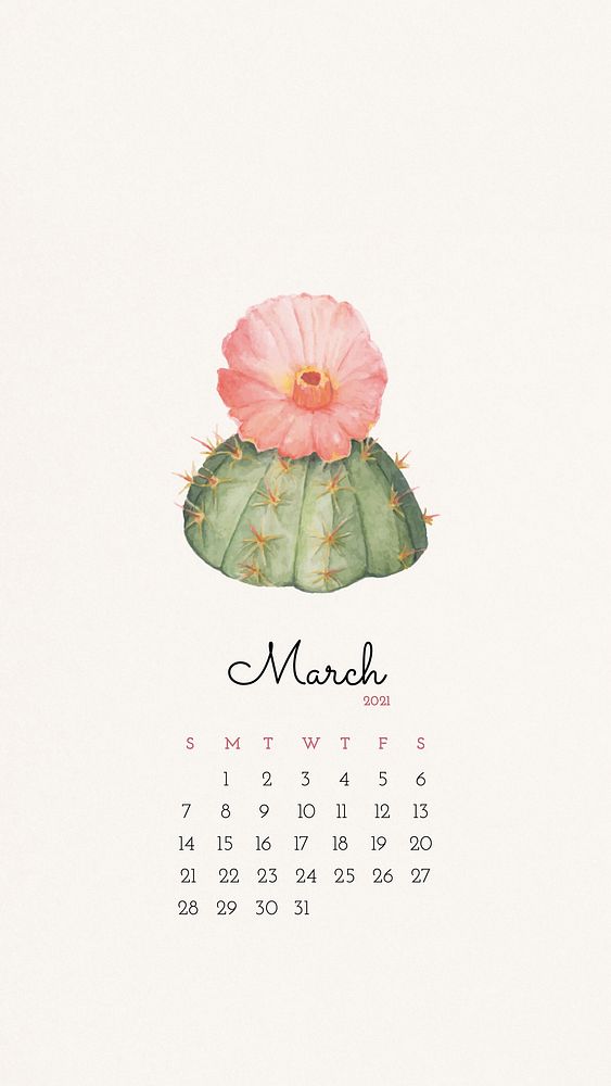 Calendar 2021 March printable with cute hand drawn cactus background