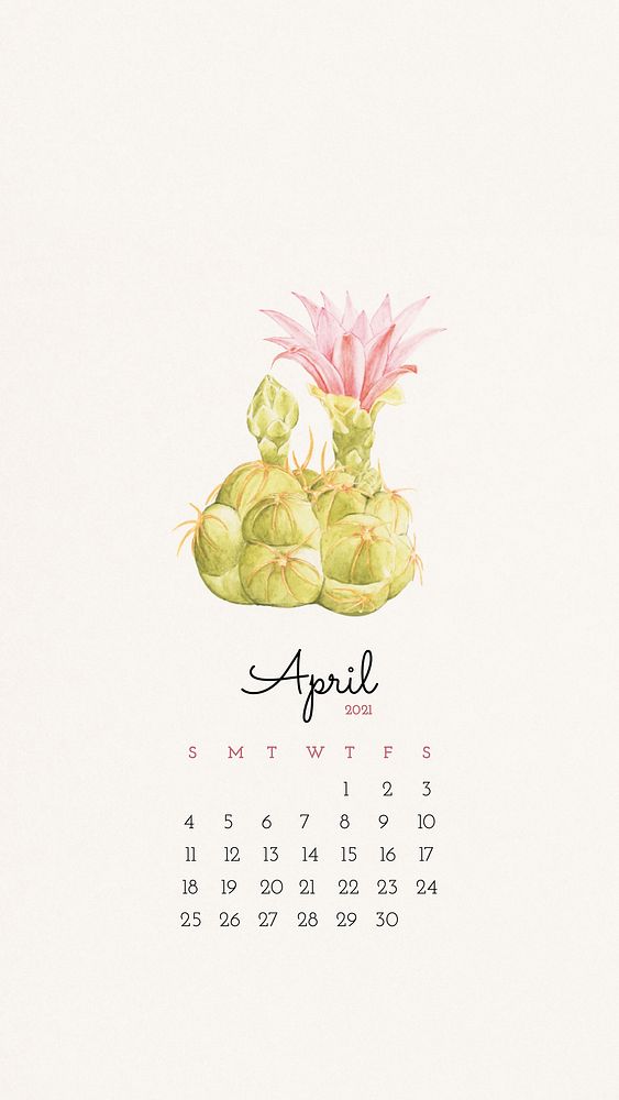 Calendar 2021 April printable with cute hand drawn cactus background