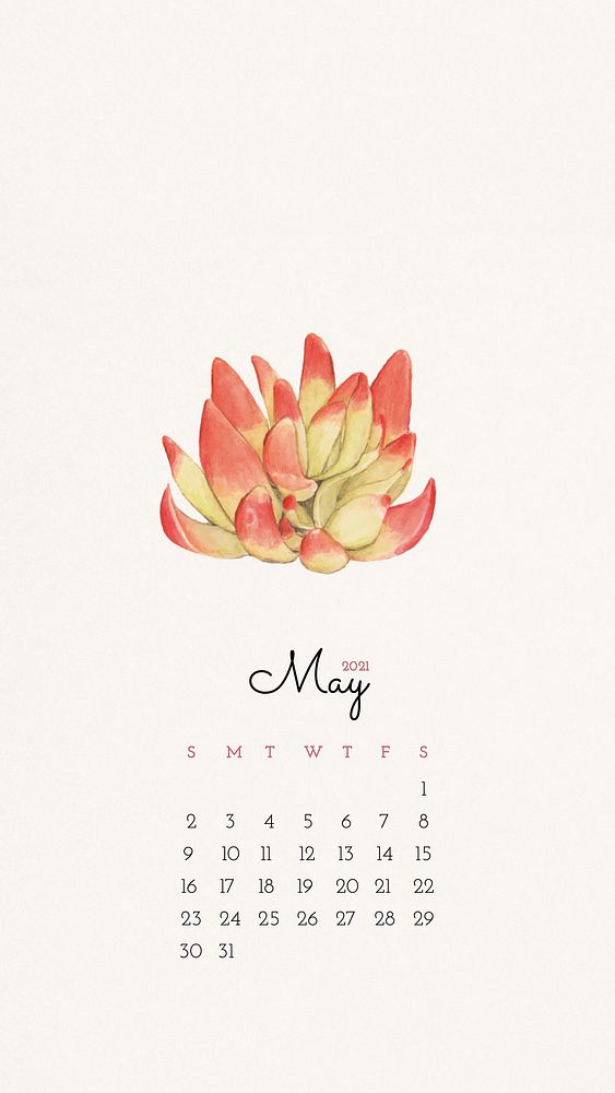 Calendar 2021 May printable with cute hand drawn cactus background