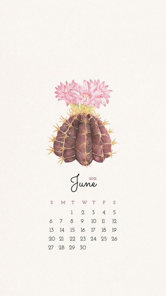 Calendar 2021 June printable with cute hand drawn cactus background