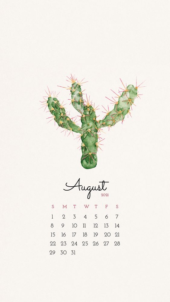 Calendar 2021 August printable with cute hand drawn cactus background