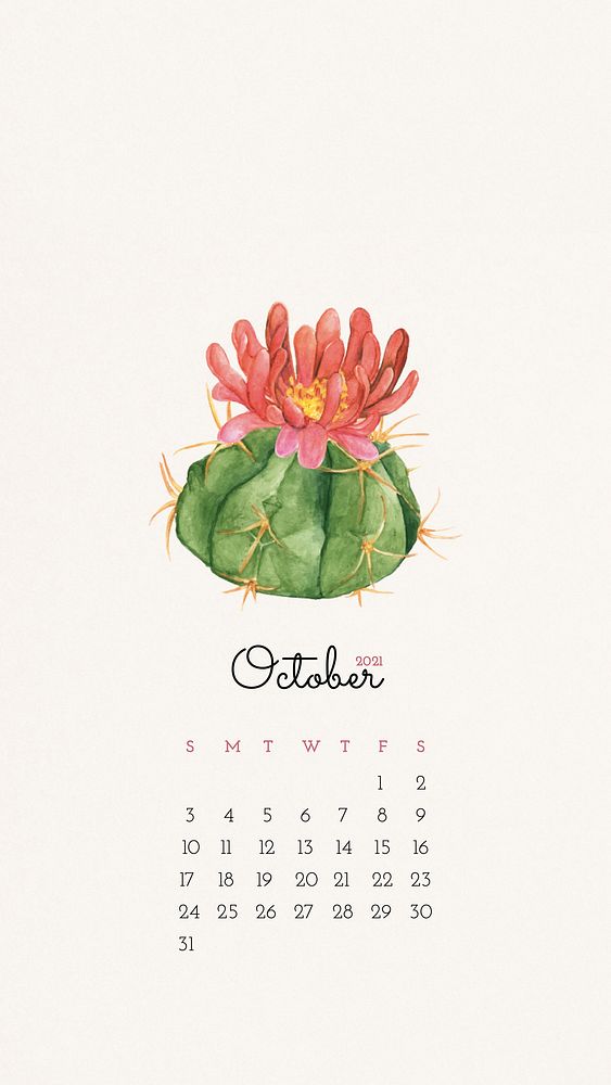 Calendar 2021 October printable with cute hand drawn cactus background