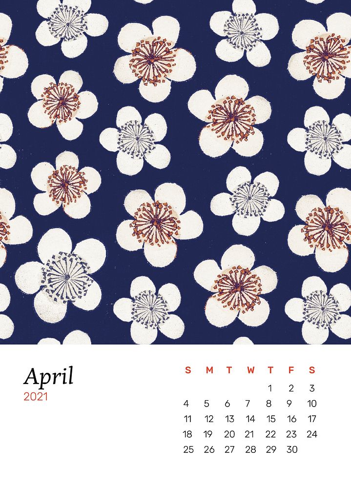 April 2021 calendar printable psd with Japanese plum blossom remix artwork by Watanabe Seitei