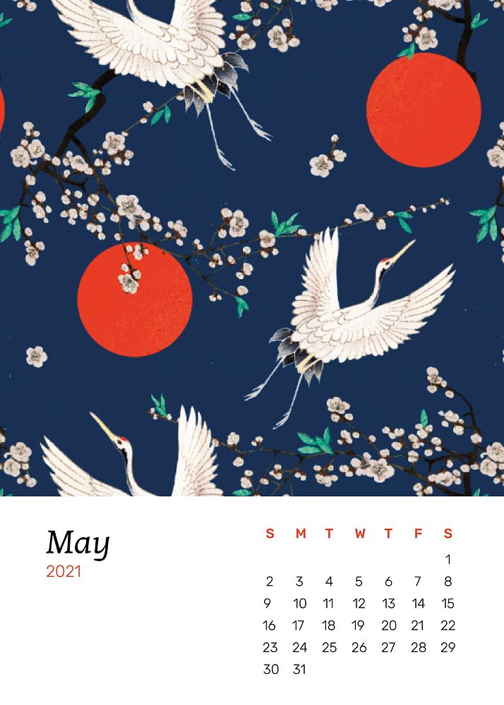 May 2021 calendar printable with Japanese crane and sakura artwork remix from original print by Watanabe Seitei